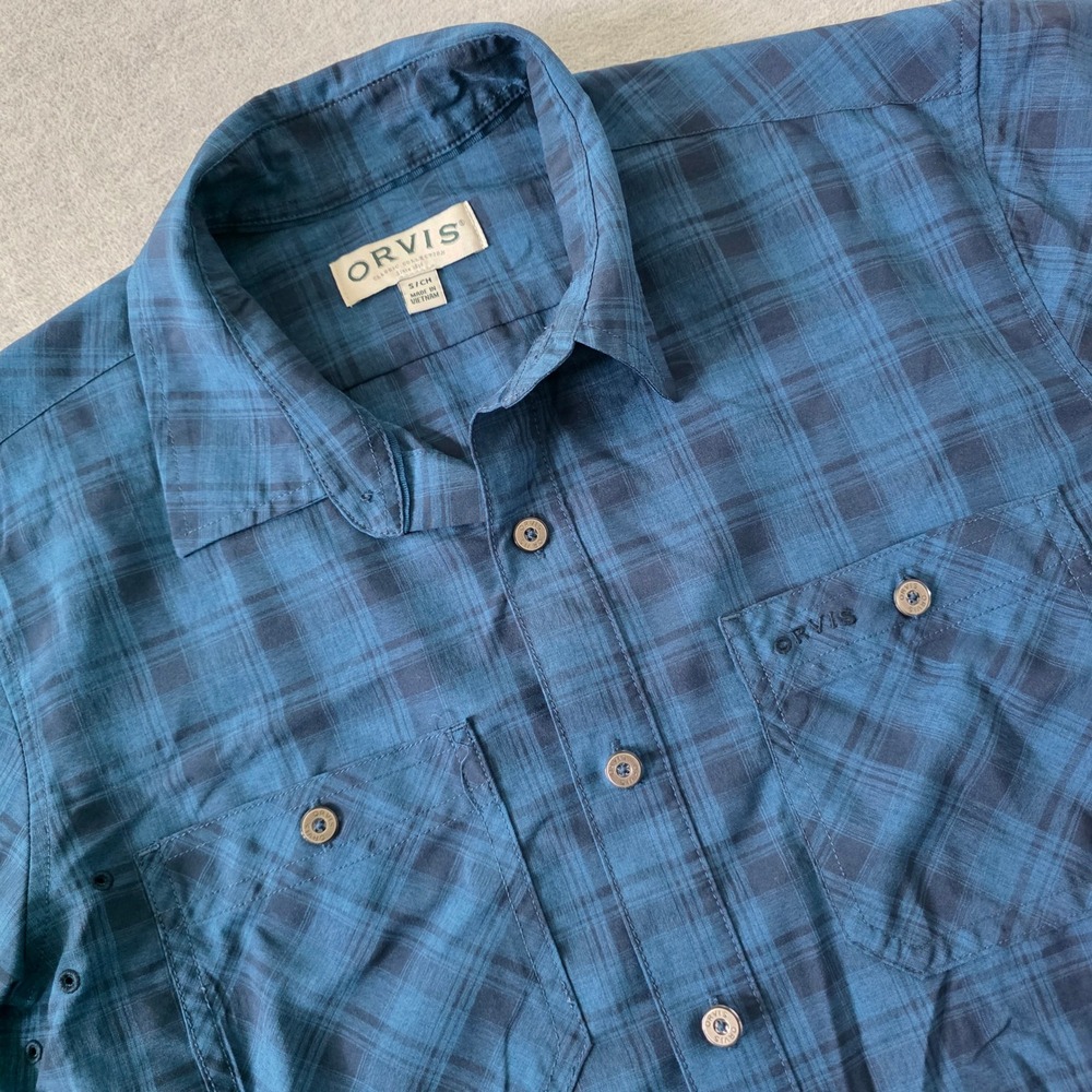 Orvis Mens Blue Plaid Short Sleeve Button Up Performance Fishing Shirt Small